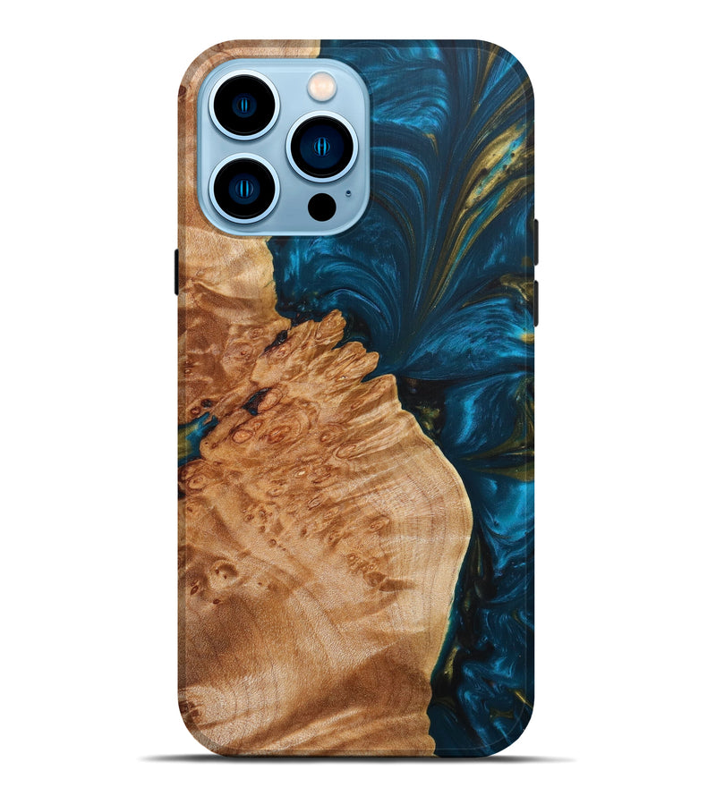 iPhone 14 Pro Max Wood+Resin Live Edge Phone Case - Grayson (Teal & Gold, 637359)