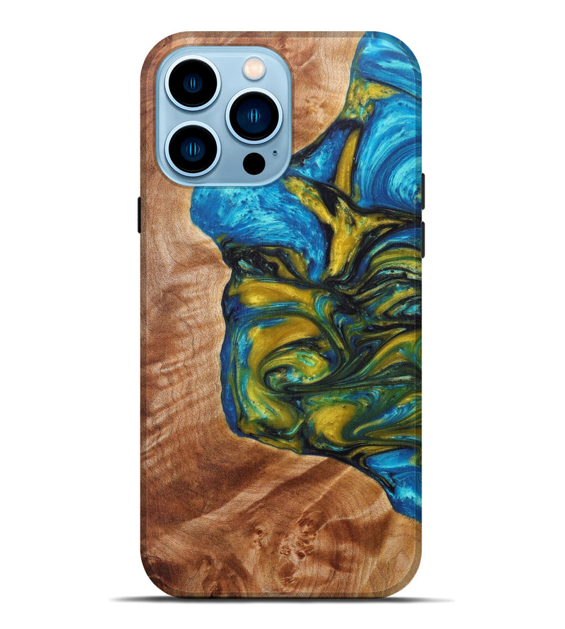 iPhone 14 Pro Max Wood+Resin Live Edge Phone Case - Wendye (Teal & Gold, 606808)