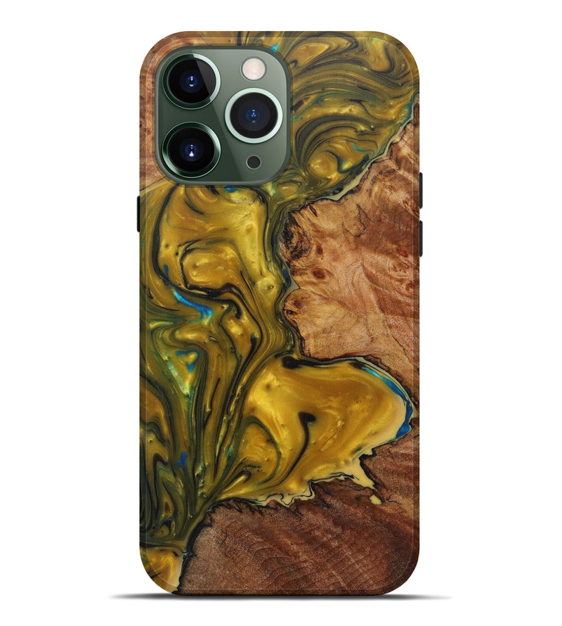 iPhone 13 Pro Max Wood+Resin Live Edge Phone Case - Okey (Teal & Gold, 600519)