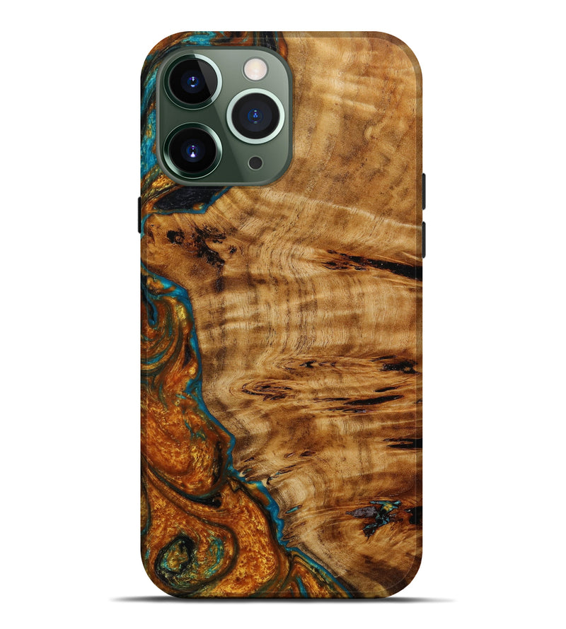 iPhone 13 Pro Max Wood+Resin Live Edge Phone Case - Cali (Teal & Gold, 646325)