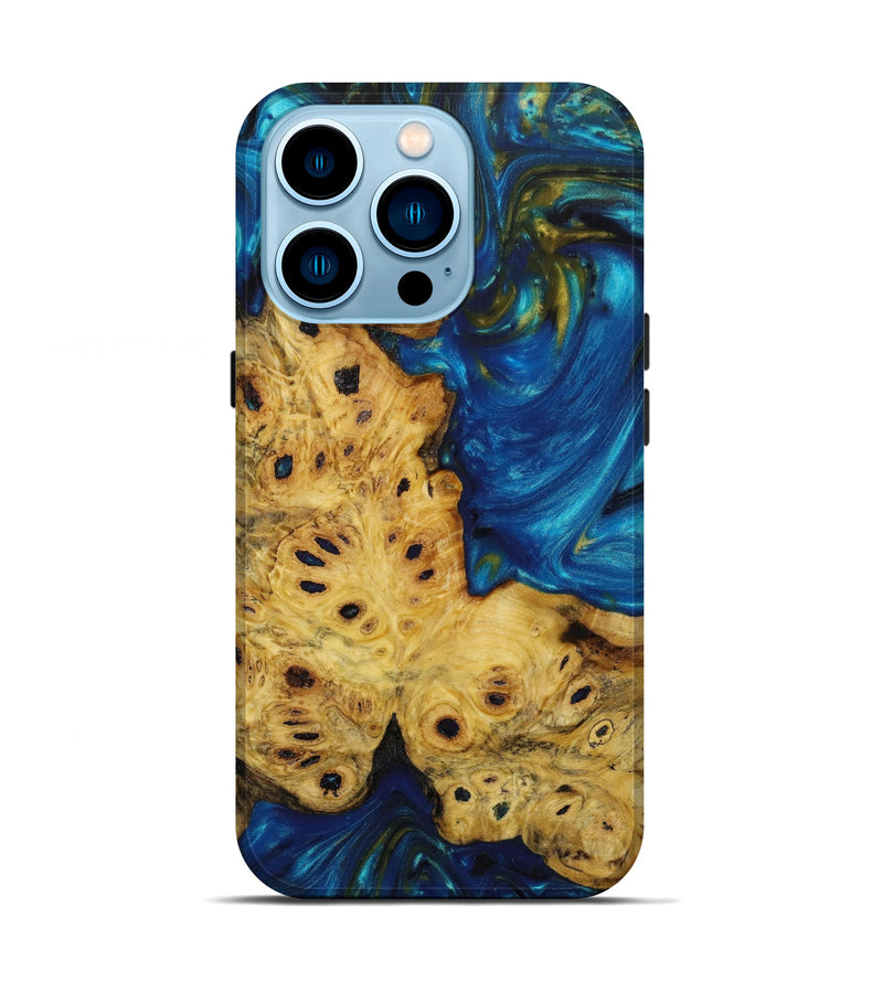 iPhone 14 Pro Wood+Resin Live Edge Phone Case - Vicky (Teal & Gold, 641962)