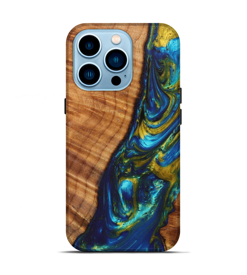 iPhone 14 Pro Wood+Resin Live Edge Phone Case - Kay (Teal & Gold, 625516)