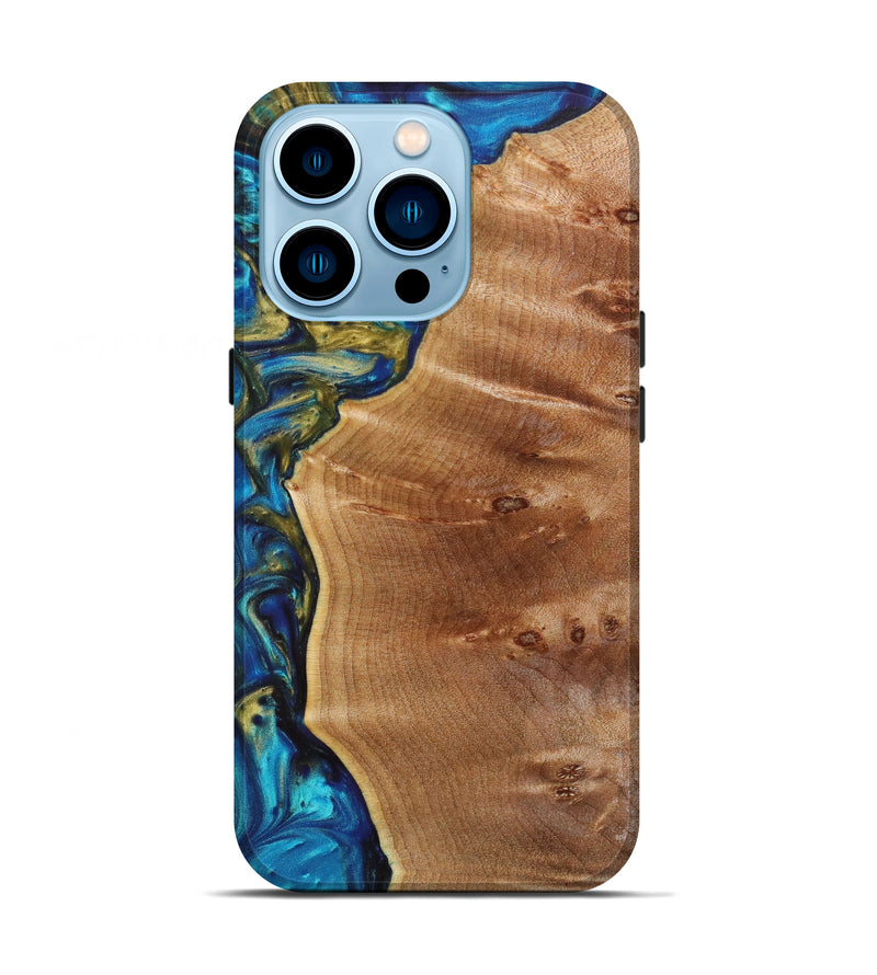iPhone 14 Pro Wood+Resin Live Edge Phone Case - Kaylie (Teal & Gold, 638153)