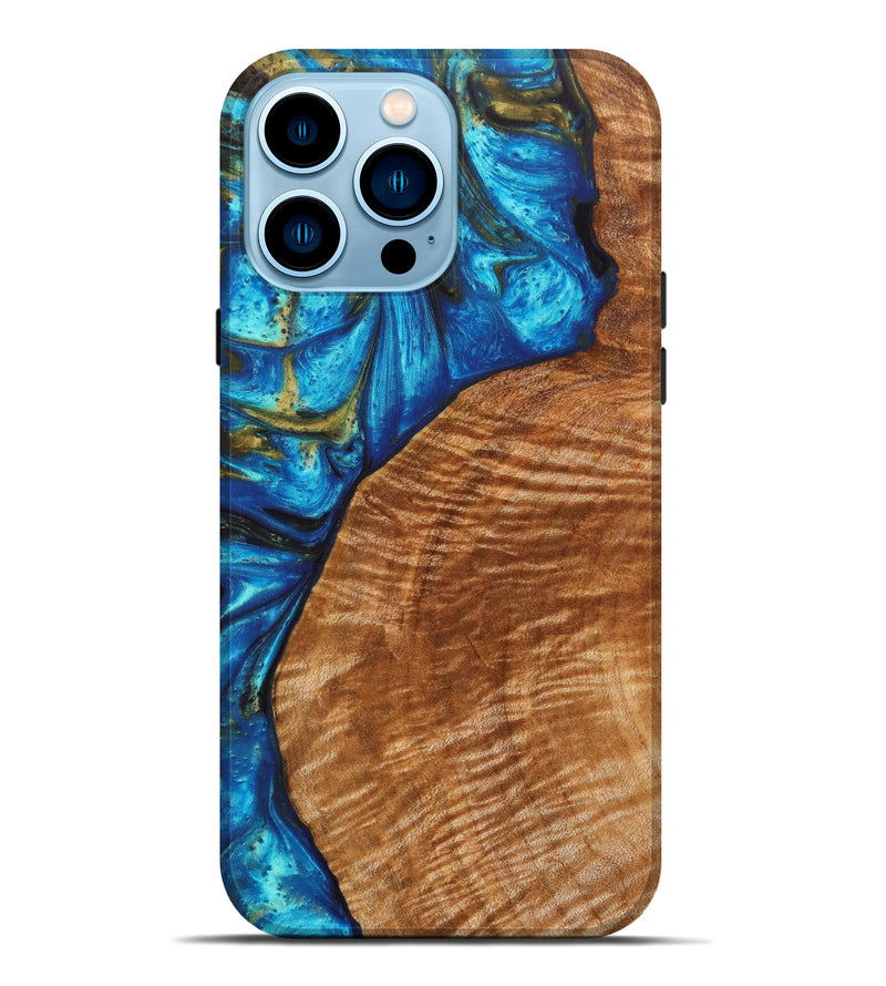 iPhone 14 Pro Max Wood+Resin Live Edge Phone Case - Ira (Teal & Gold, 637710)
