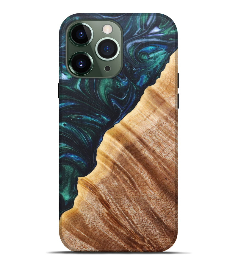iPhone 13 Pro Max Wood+Resin Live Edge Phone Case - Dorthea (Dark Green, 607132)