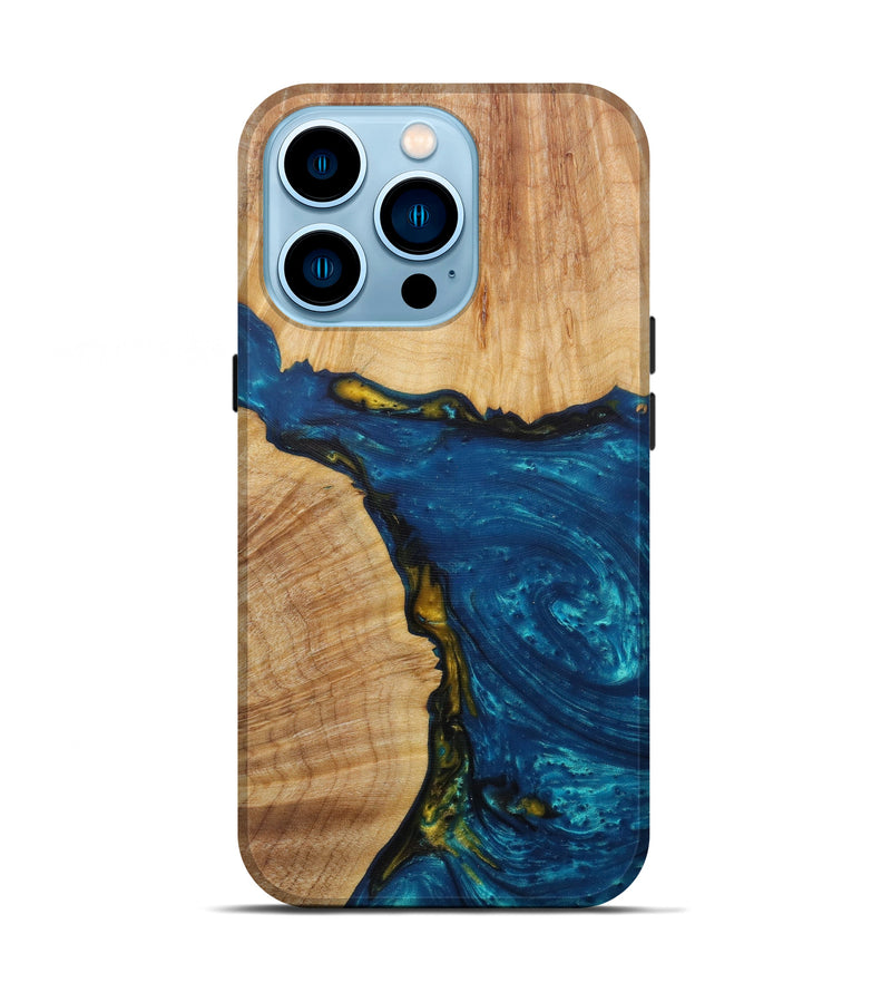 iPhone 14 Pro Wood+Resin Live Edge Phone Case - Lab (Teal & Gold, 590035)