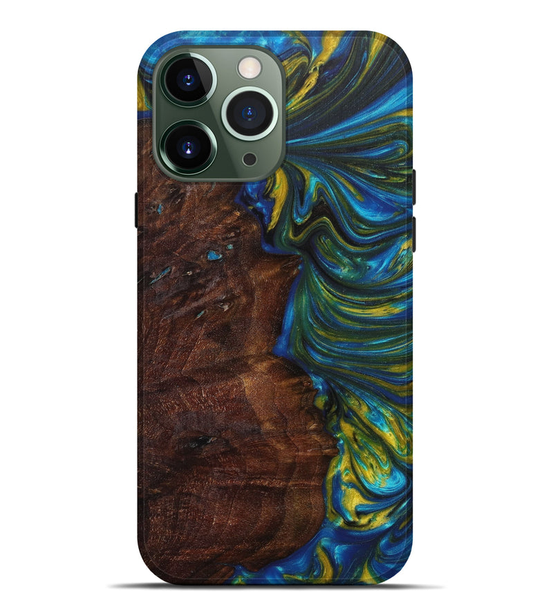 iPhone 13 Pro Max Wood+Resin Live Edge Phone Case - Geer (Teal & Gold, 633277)