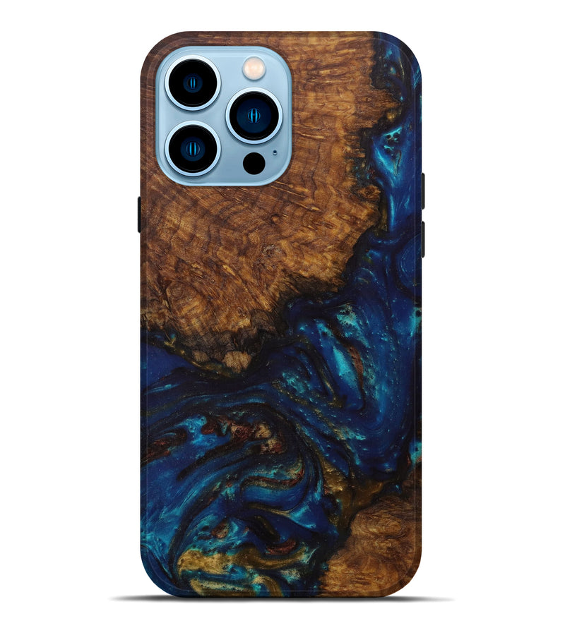 iPhone 14 Pro Max Wood+Resin Live Edge Phone Case - Gaby (Teal & Gold, 587772)