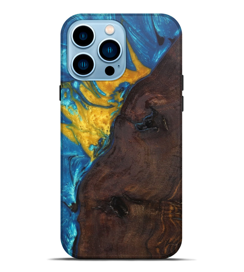 iPhone 14 Pro Max Wood+Resin Live Edge Phone Case - Katee (Teal & Gold, 604282)