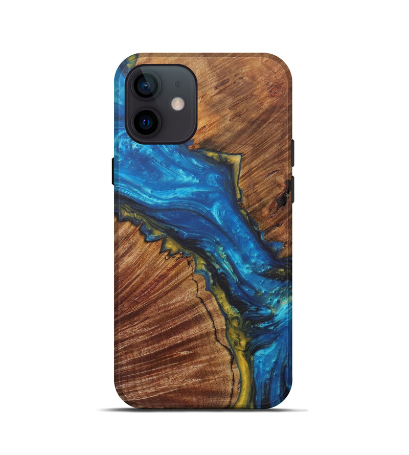 iPhone 12 mini Wood+Resin Live Edge Phone Case - Agnella (Teal & Gold, 602505)
