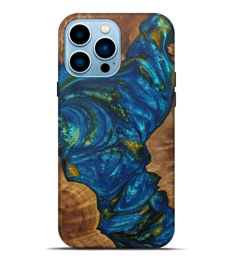 iPhone 14 Pro Max Wood+Resin Live Edge Phone Case - Kendra (Teal & Gold, 585565)