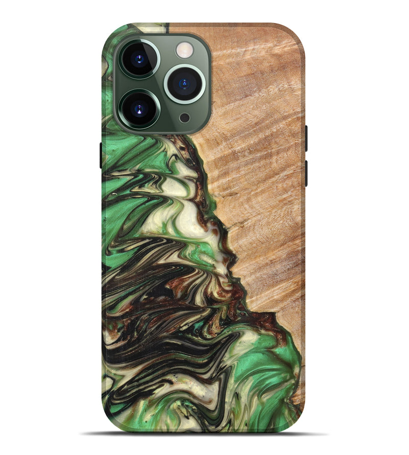 iPhone 13 Pro Max Wood+Resin Live Edge Phone Case - Ruby (Dark Green, 616728)