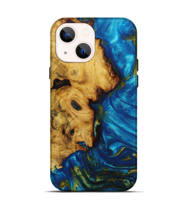 iPhone 13 Wood+Resin Live Edge Phone Case - Terry (Teal & Gold, 642264)