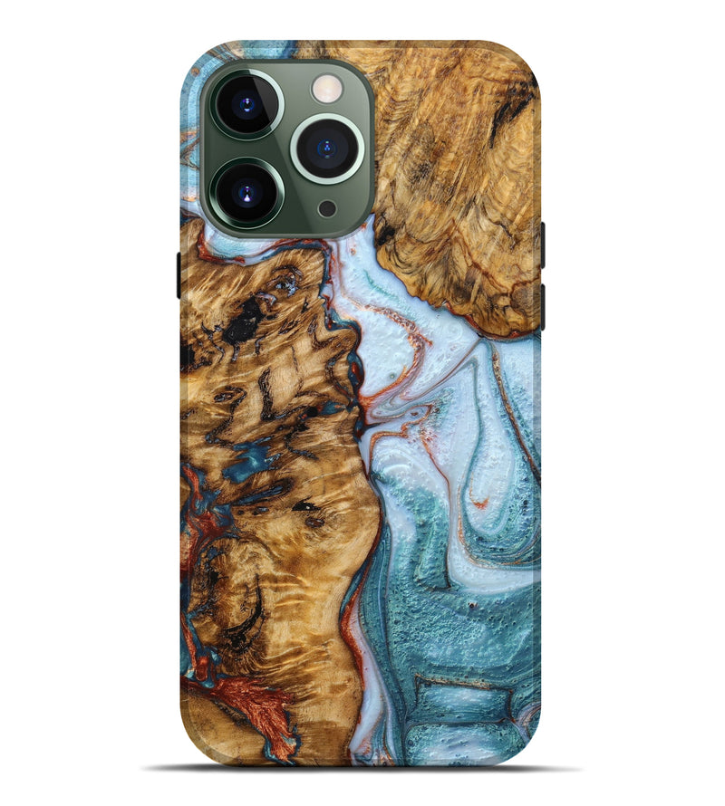 iPhone 13 Pro Max Wood+Resin Live Edge Phone Case - Dina (Teal & Gold, 640499)