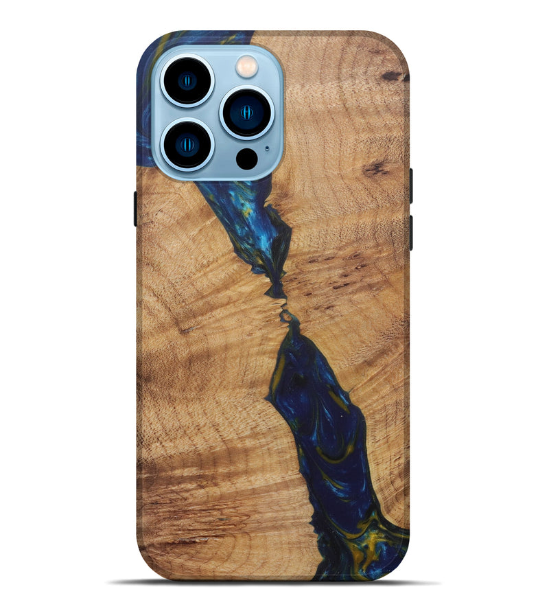 iPhone 14 Pro Max Wood+Resin Live Edge Phone Case - Ari (Teal & Gold, 592337)
