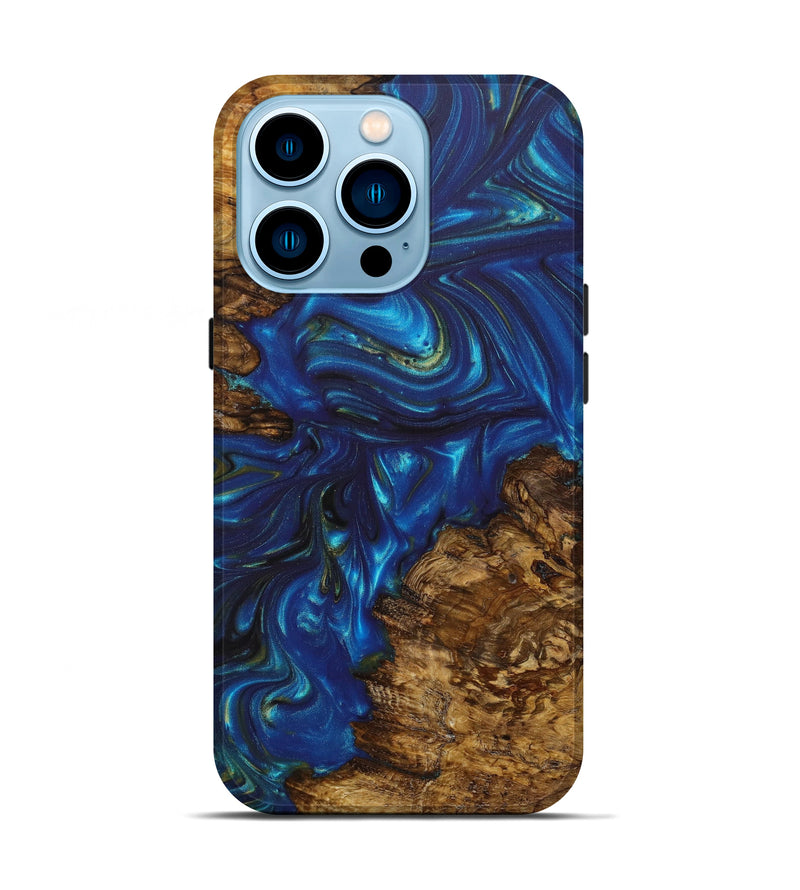 iPhone 14 Pro Wood+Resin Live Edge Phone Case - Cathy (Teal & Gold, 635537)
