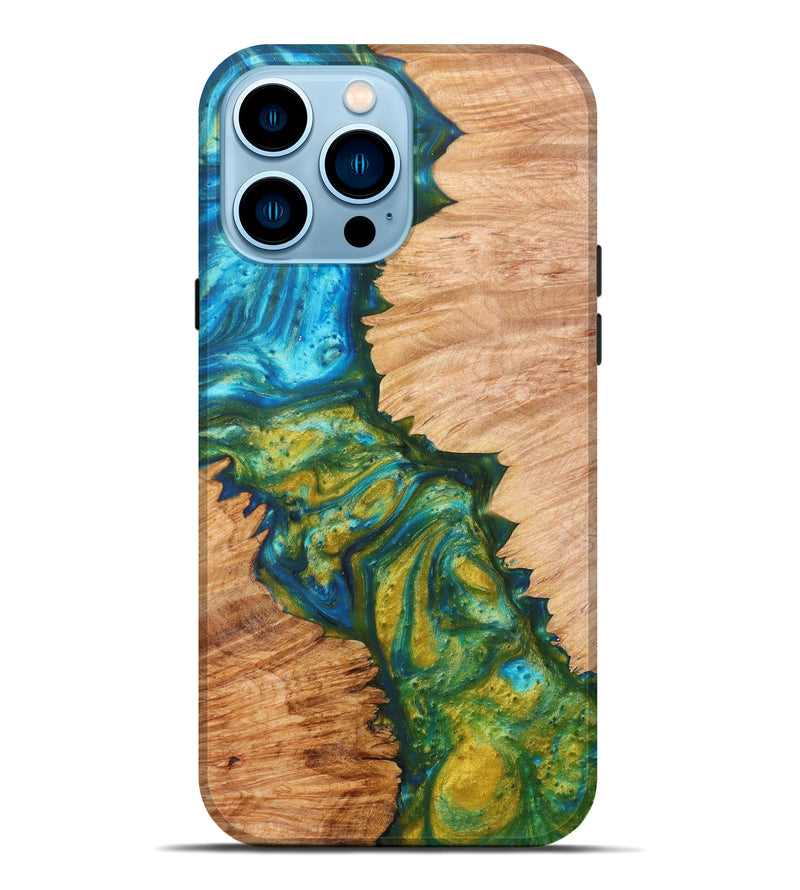 iPhone 14 Pro Max Wood+Resin Live Edge Phone Case - Saige (Teal & Gold, 621628)