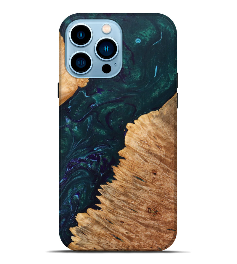 iPhone 14 Pro Max Wood+Resin Live Edge Phone Case - Sarah (Green, 632217)