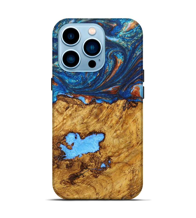 iPhone 14 Pro Wood+Resin Live Edge Phone Case - Grace (Teal & Gold, 645797)