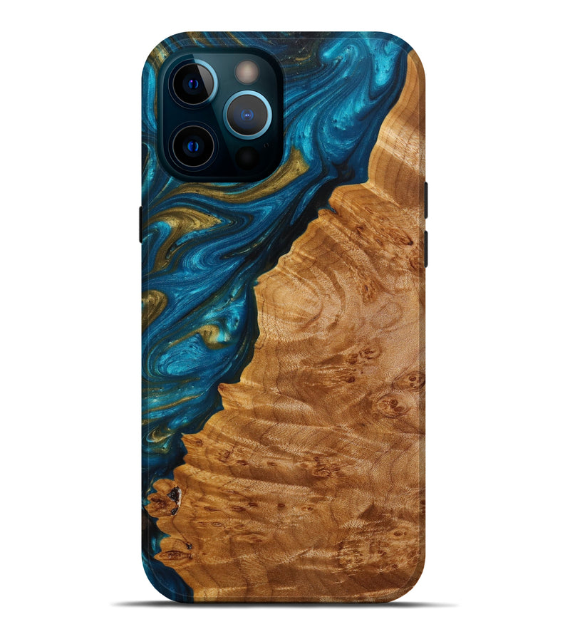 iPhone 12 Pro Max Wood+Resin Live Edge Phone Case - Barbara (Teal & Gold, 638989)