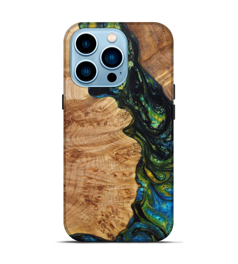 iPhone 14 Pro Wood+Resin Live Edge Phone Case - Yahaira (Teal & Gold, 621641)