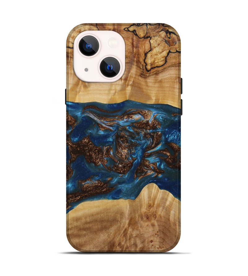 iPhone 13 Wood+Resin Live Edge Phone Case - Brandy (Teal & Gold, 647623)