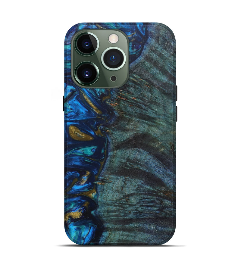 iPhone 13 Pro Wood+Resin Live Edge Phone Case - Ezra (Teal & Gold, 636194)