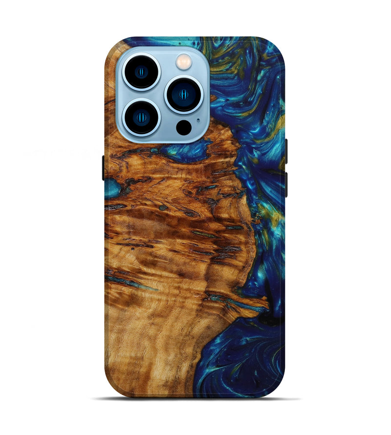 iPhone 14 Pro Wood+Resin Live Edge Phone Case - Madeline (Teal & Gold, 641961)
