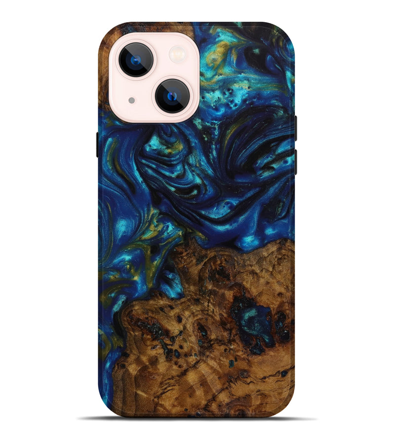 iPhone 14 Plus Wood+Resin Live Edge Phone Case - Kevin (Teal & Gold, 641959)