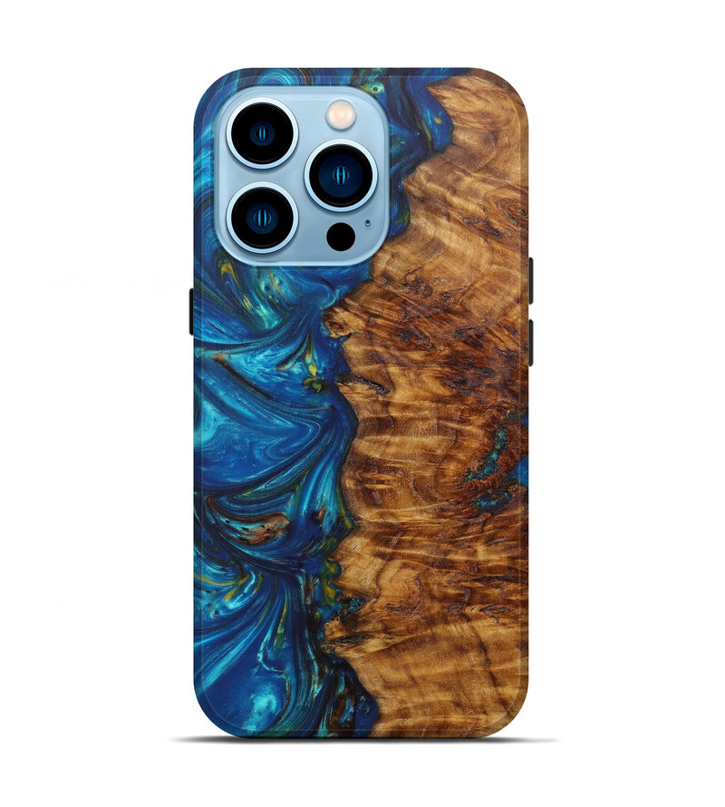iPhone 14 Pro Wood+Resin Live Edge Phone Case - Eileen (Teal & Gold, 596303)