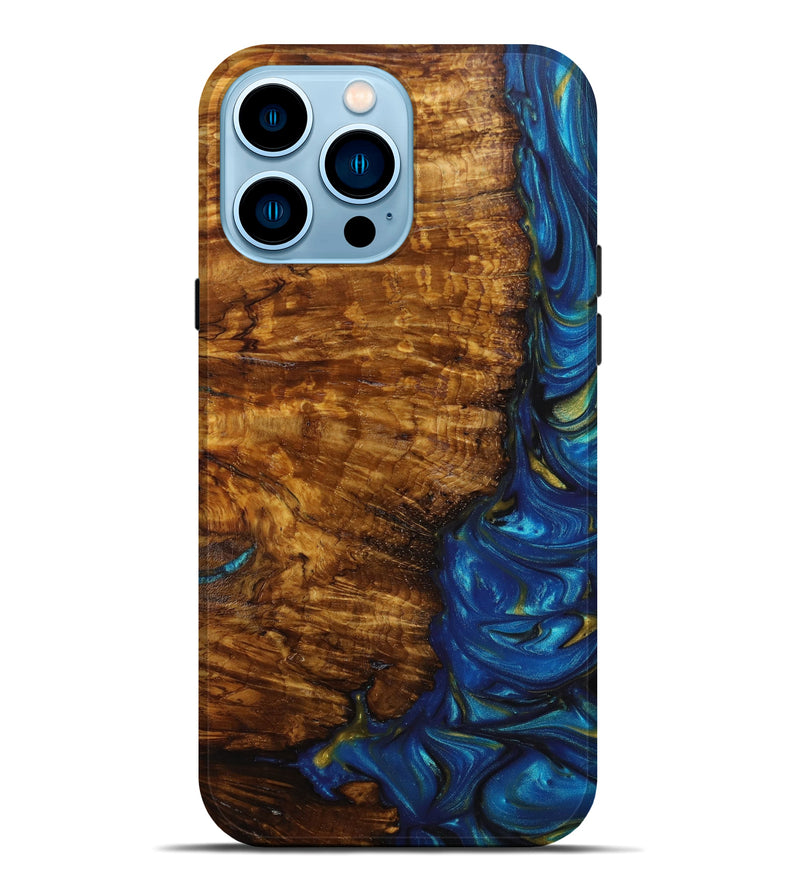 iPhone 14 Pro Max Wood+Resin Live Edge Phone Case - Emely (Teal & Gold, 639104)