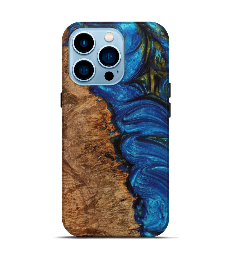 iPhone 14 Pro Wood+Resin Live Edge Phone Case - Leola (Teal & Gold, 621678)