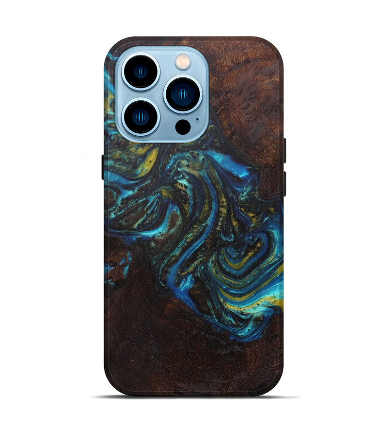 iPhone 14 Pro Wood+Resin Live Edge Phone Case - Ryoung (Teal & Gold, 597322)