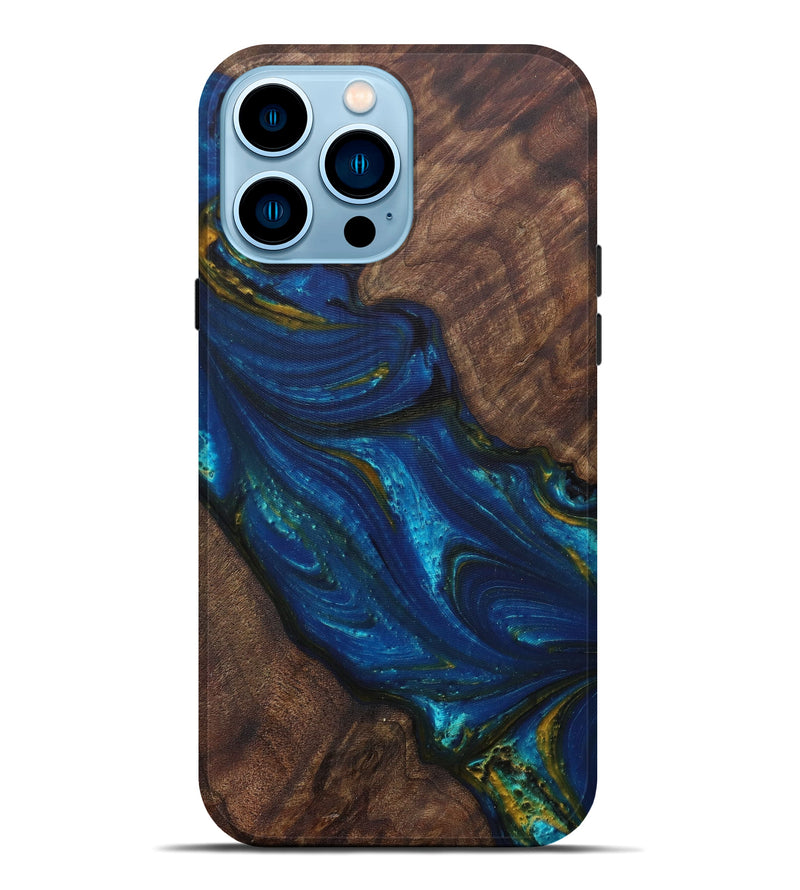 iPhone 14 Pro Max Wood+Resin Live Edge Phone Case - Kellia (Teal & Gold, 588703)
