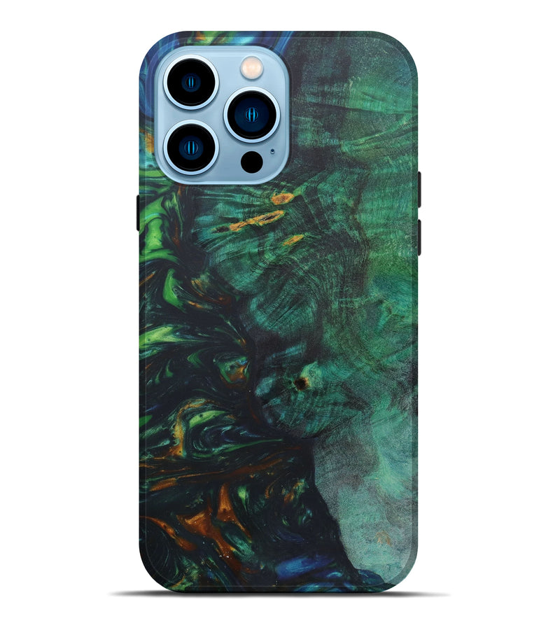 iPhone 14 Pro Max Wood+Resin Live Edge Phone Case - Opal (Teal & Gold, 641716)