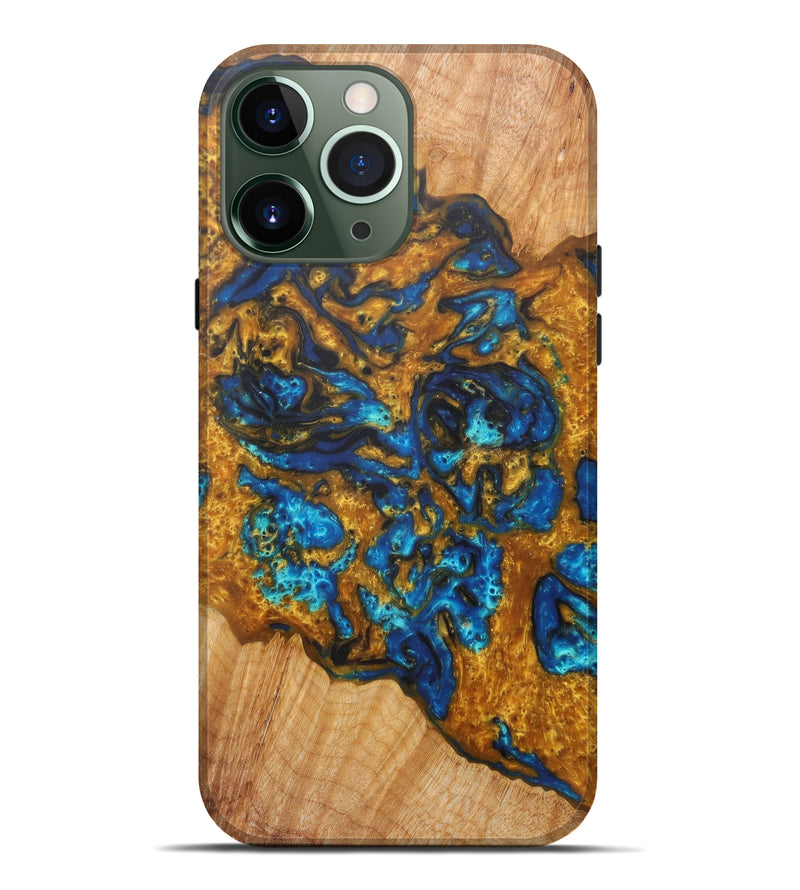 iPhone 13 Pro Max Wood+Resin Live Edge Phone Case - Priya (Teal & Gold, 601258)