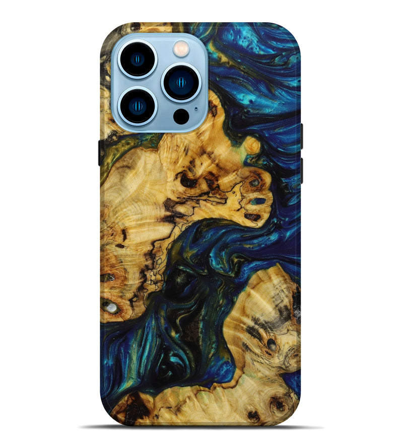 iPhone 14 Pro Max Wood+Resin Live Edge Phone Case - Salvatore (Teal & Gold, 642681)