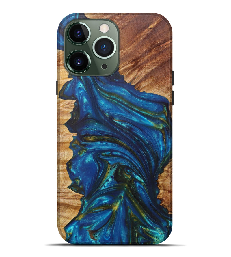 iPhone 13 Pro Max Wood+Resin Live Edge Phone Case - Chi (Teal & Gold, 596326)