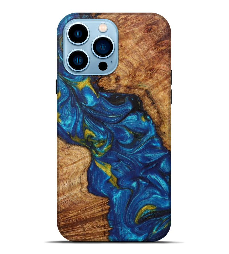 iPhone 14 Pro Max Wood+Resin Live Edge Phone Case - Azael (Teal & Gold, 610360)