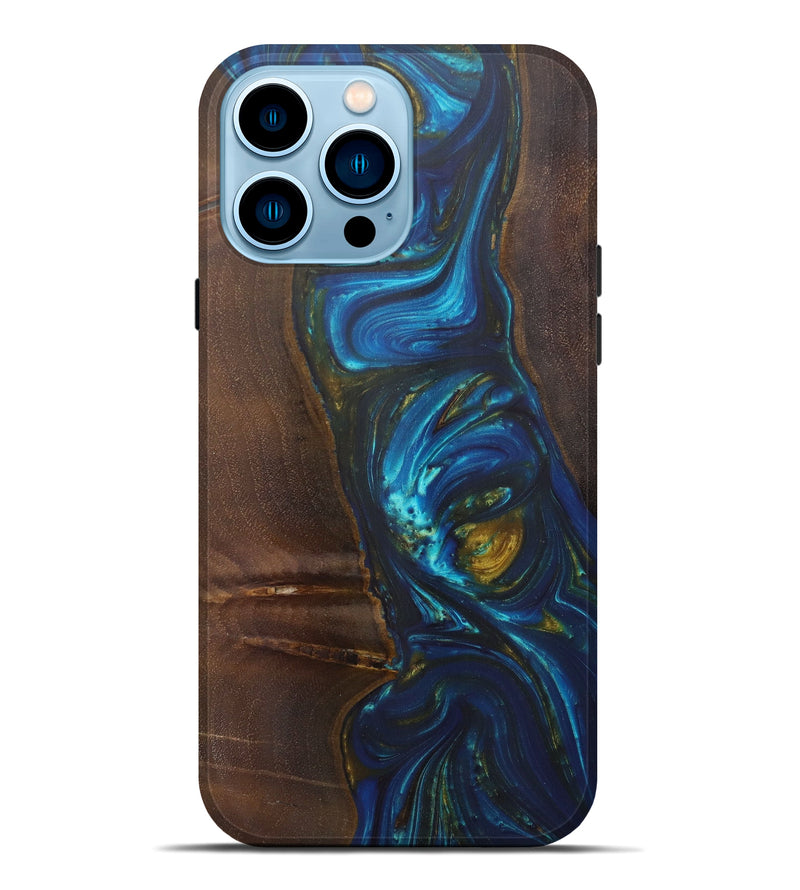 iPhone 14 Pro Max Wood+Resin Live Edge Phone Case - Ronni (Teal & Gold, 599158)
