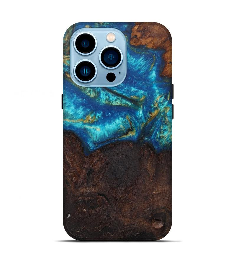 iPhone 14 Pro Wood+Resin Live Edge Phone Case - Jacklyn (Teal & Gold, 590680)