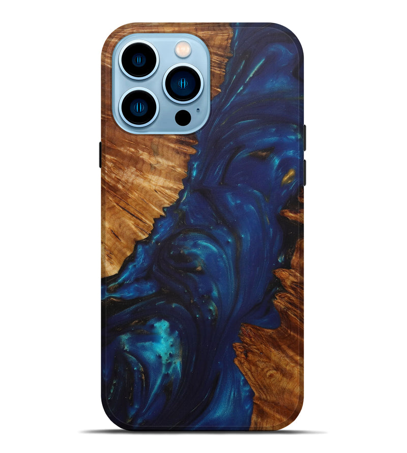 iPhone 14 Pro Max Wood+Resin Live Edge Phone Case - Hukam (Teal & Gold, 585560)
