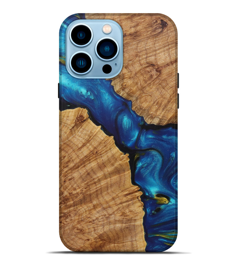 iPhone 14 Pro Max Wood+Resin Live Edge Phone Case - Nikolas (Teal & Gold, 614968)