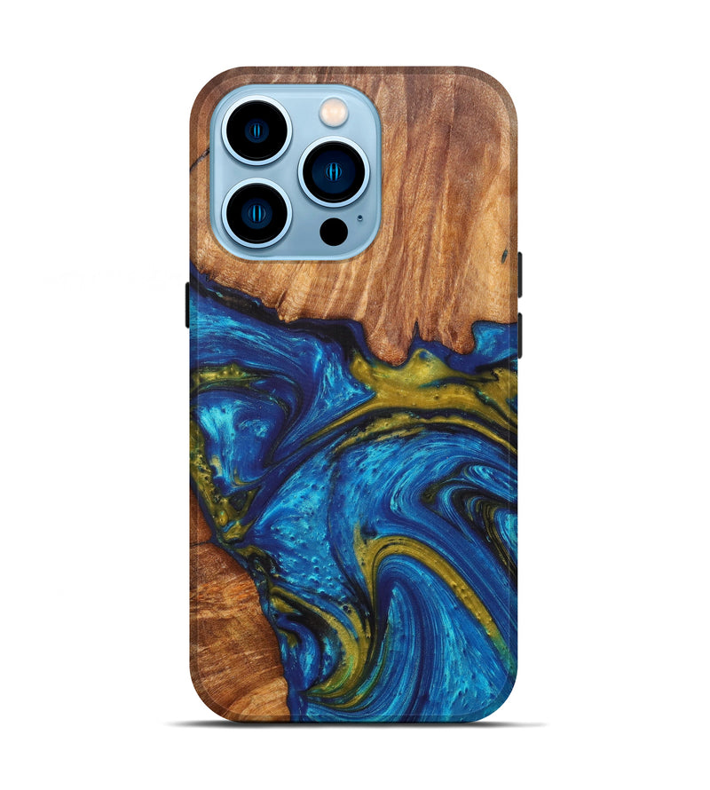 iPhone 14 Pro Wood+Resin Live Edge Phone Case - Opal (Teal & Gold, 616684)