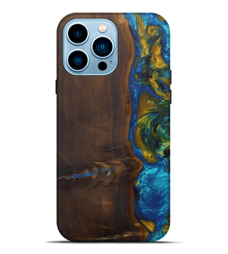 iPhone 14 Pro Max Wood+Resin Live Edge Phone Case - Traci (Teal & Gold, 594854)