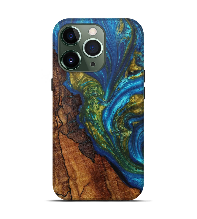 iPhone 13 Pro Wood+Resin Live Edge Phone Case - Virginia (Teal & Gold, 610369)