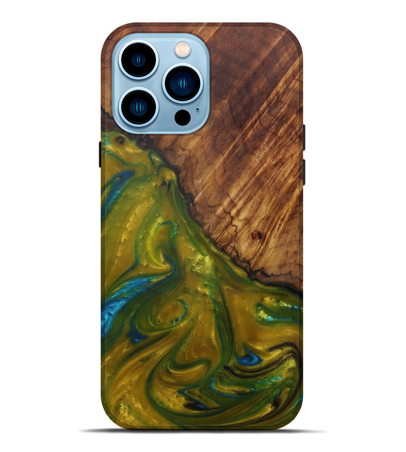 iPhone 14 Pro Max Wood+Resin Live Edge Phone Case - Dareen (Teal & Gold, 587774)