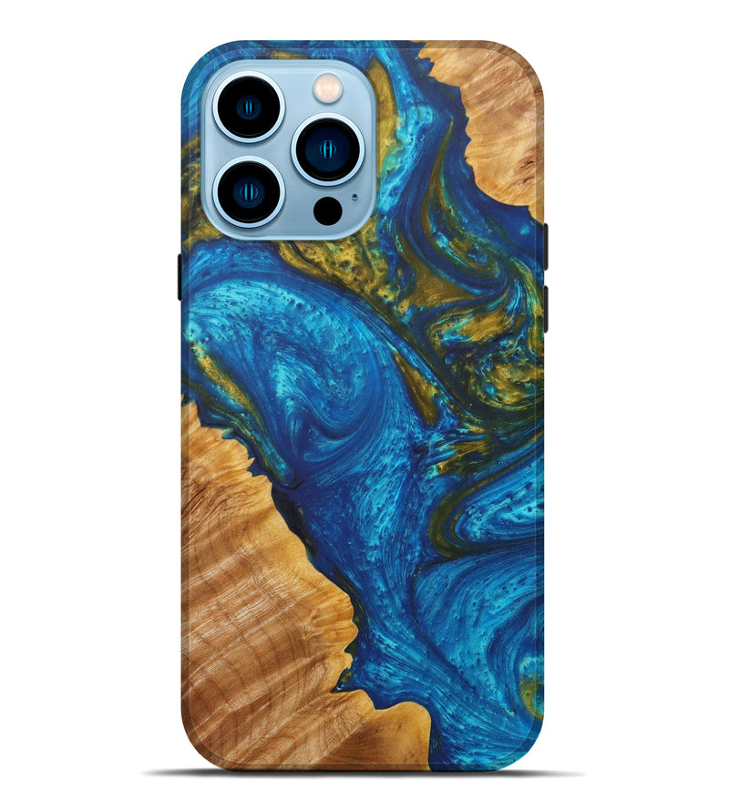 iPhone 14 Pro Max Wood+Resin Live Edge Phone Case - Shellie (Teal & Gold, 610347)
