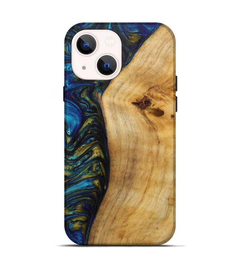 iPhone 14 Wood+Resin Live Edge Phone Case - Zachary (Teal & Gold, 642267)