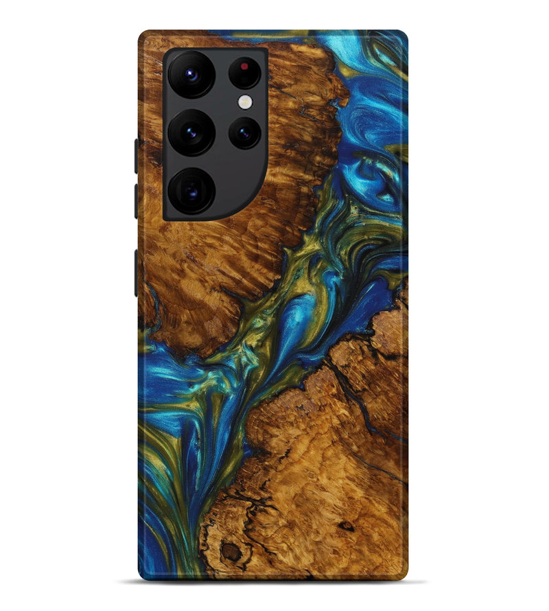 Galaxy S22 Ultra Wood+Resin Live Edge Phone Case - Zoe (Teal & Gold, 634169)